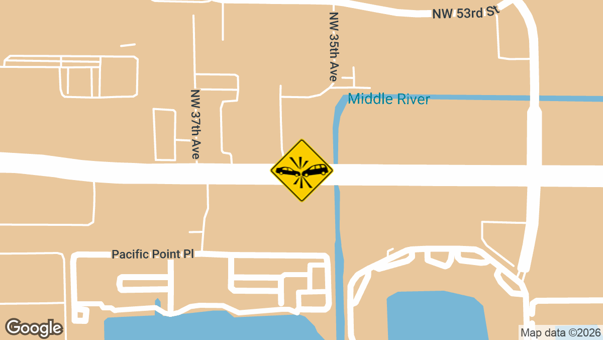 A two-vehicle crash involving a gray Toyota Highlander and a white Kia K4 was reported Monday morning near the intersection of Commercial Blvd and NW 29th Ter in Fort Lauderdale.