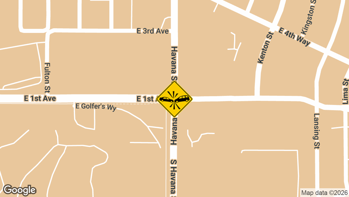 two-vehicle crash that left one vehicle on its roof was reported on Saturday, March 28, near the intersection of East 1st Avenue and North Havana Street in Aurora.