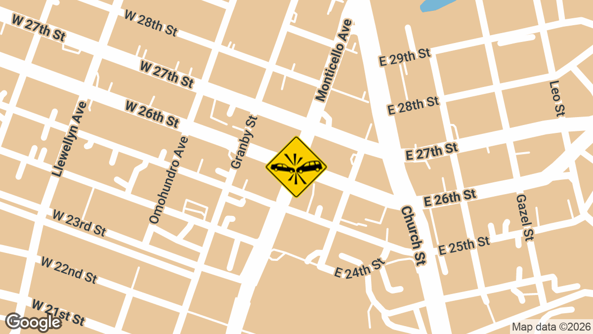 A collision between two vehicles was reported at the intersection of East 26th Street and Monticello Avenue in Norfolk on Thursday, March 12.