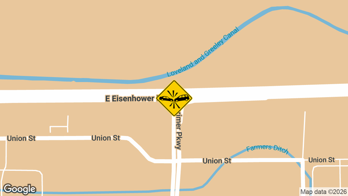A two-vehicle crash was reported in the early morning hours of Monday, March 17, near East Eisenhower Boulevard and Larimer Parkway in Loveland.