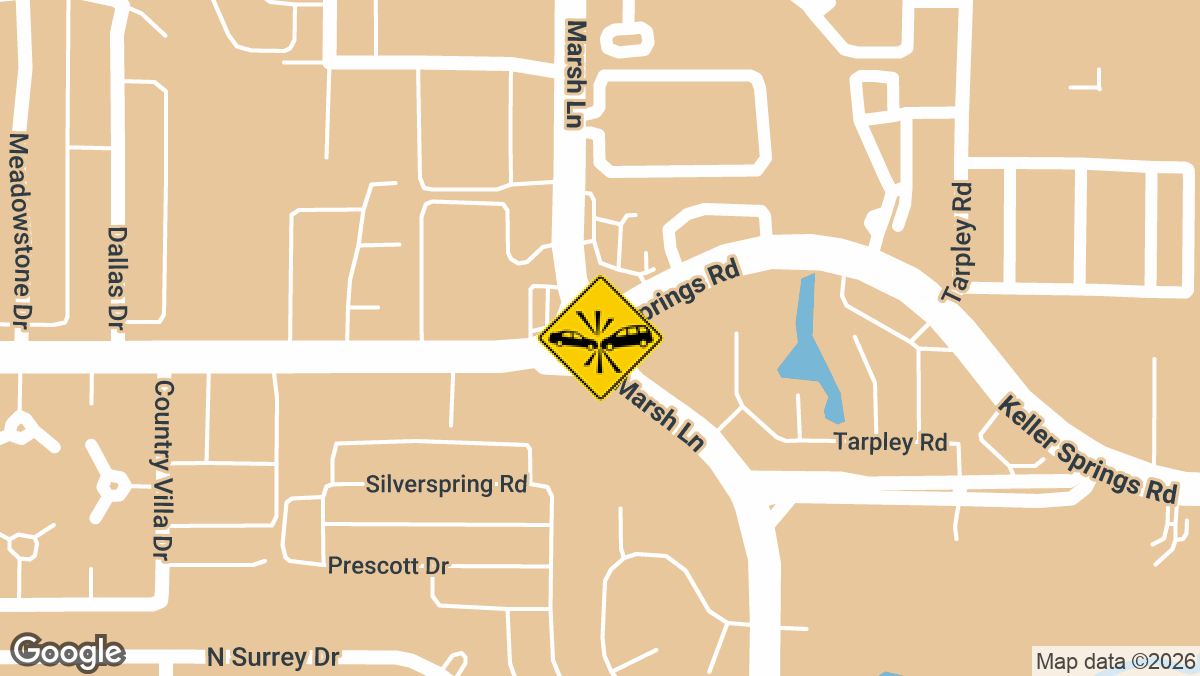 A two-vehicle collision was reported at the intersection of Marsh Lane and Keller Springs Road on Tuesday, March 24.