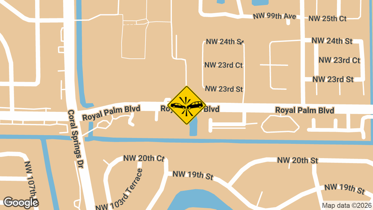 A two-vehicle crash sent emergency units to the intersection of NW 102nd Avenue and Royal Palm Boulevard in Coral Springs on Wednesday, March 18.