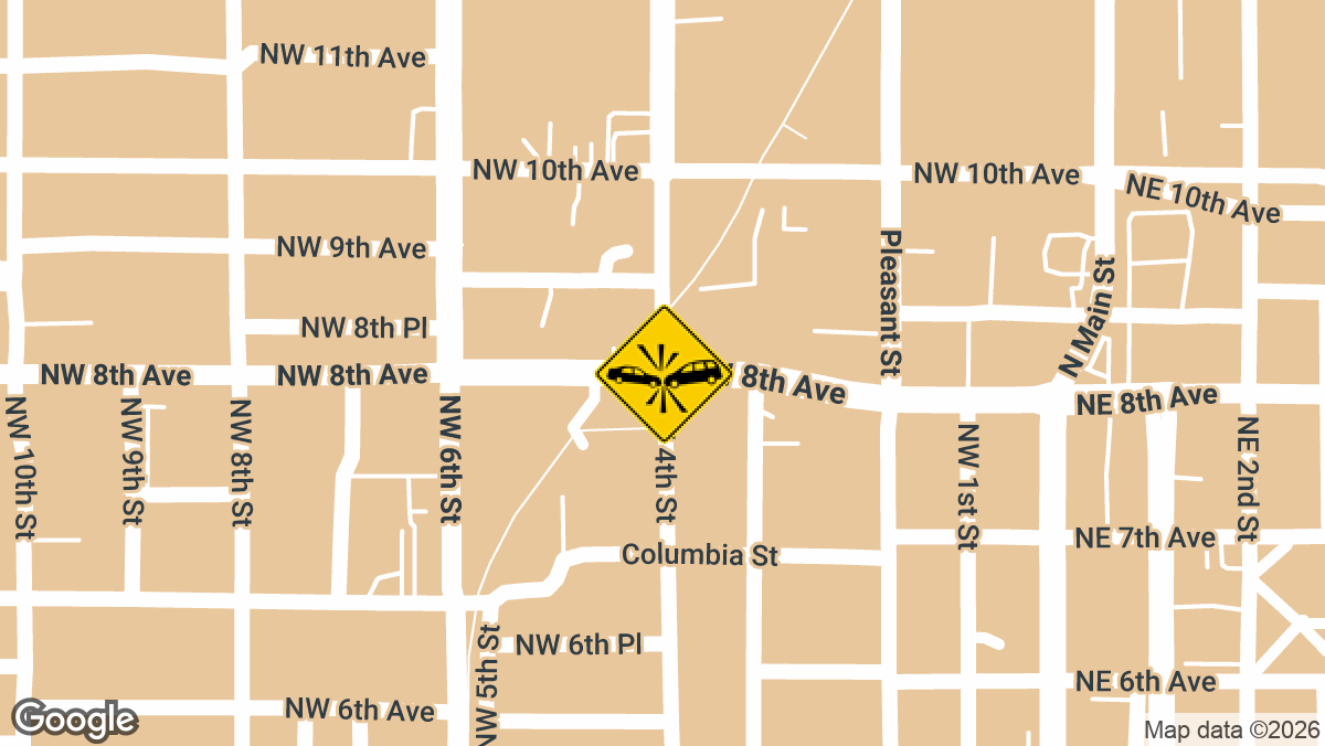 A collision between a vehicle and a bicyclist was reported Monday, March 9, at the intersection of Northwest 4th Street and Northwest 8th Avenue in Gainesville.