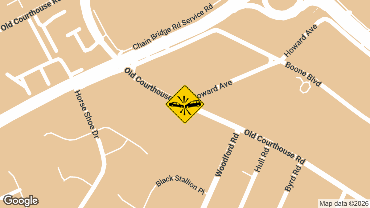 A two-vehicle crash on Old Courthouse Road near Larkmead Drive in Fairfax County left one person with minor injuries on Sunday, March 22, shortly before noon.