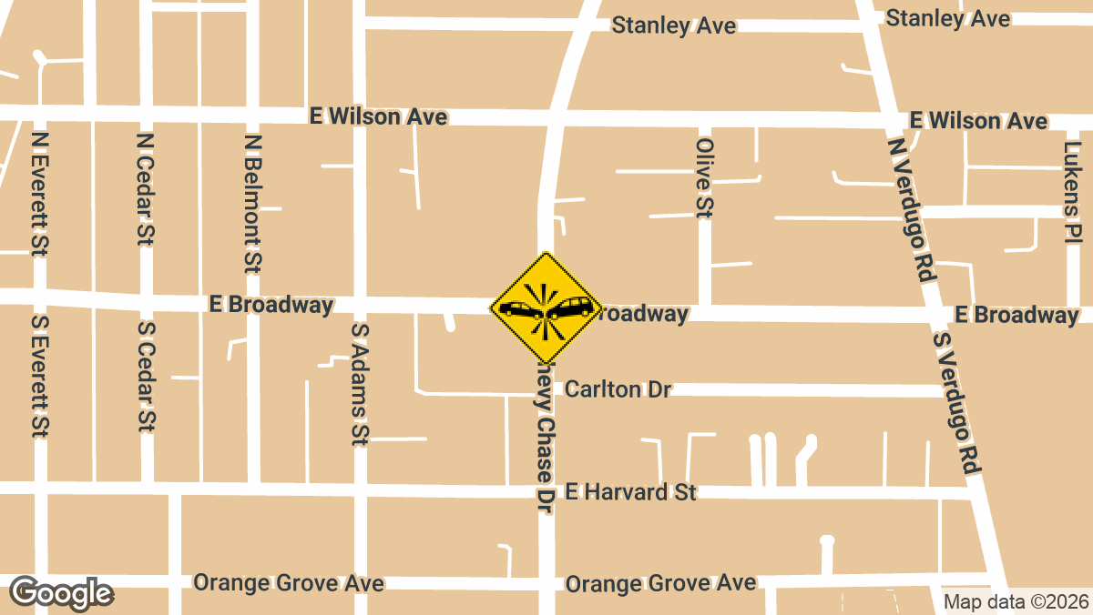 A two-vehicle crash was reported Friday, March 13, at the intersection of S Chevy Chase Dr and E Broadway in Glendale.