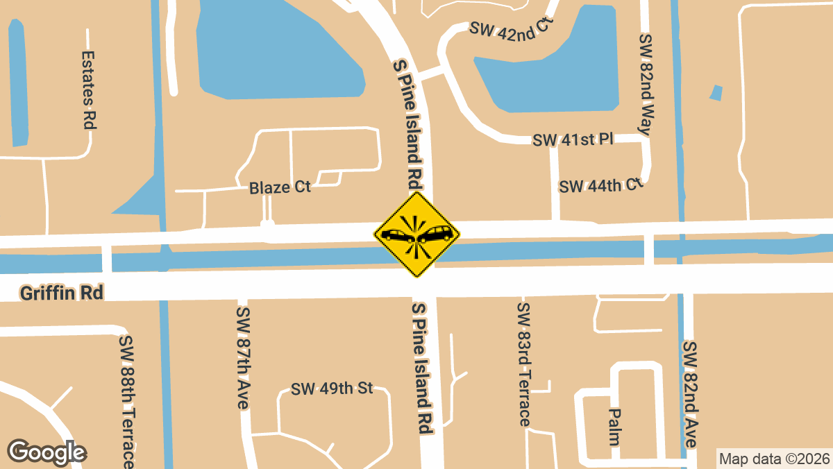 A collision between two vehicles was reported at the intersection of SW 45th St and S Pine Island Rd in Davie on Tuesday, March 17.