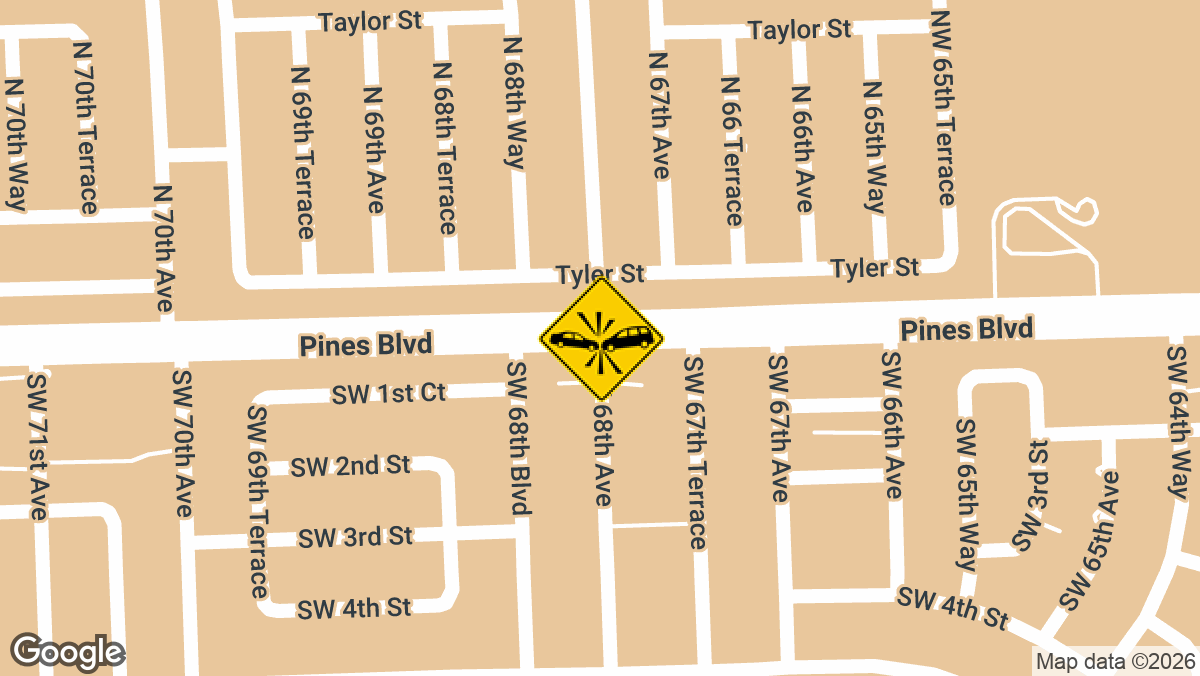 A two-vehicle crash with reported injuries occurred on Wednesday, March 25, at the intersection of SW 68th Avenue and Pines Boulevard in Pembroke Pines.