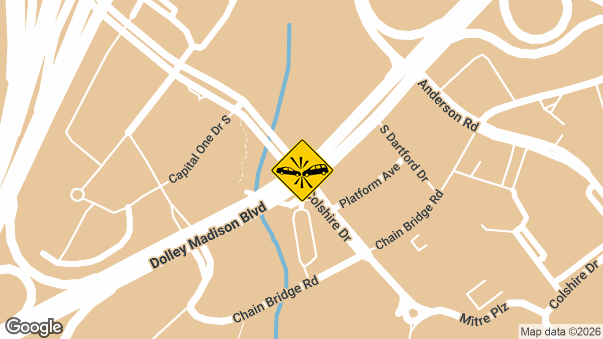 A two-car crash was reported Saturday, March 14, near the intersection of Scotts Crossing Rd and Dolley Madison Blvd in Tysons.