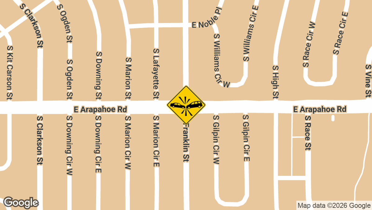 A two-vehicle crash left at least one person complaining of rib pain near the intersection of South Franklin Street and East Arapahoe Road in Centennial on Friday, March 27.