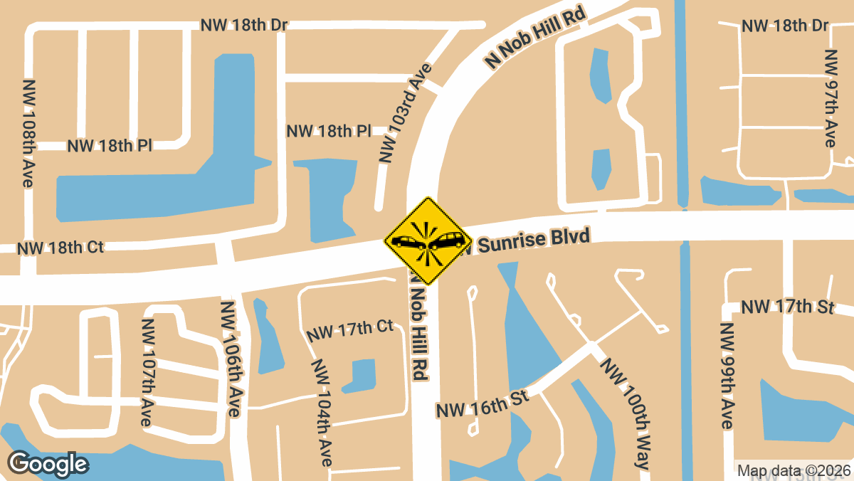 A vehicle crash with at least one person injured was reported in the early morning hours of Tuesday, March 31, at the intersection of Sunrise Boulevard and Nob Hill Road in Plantation.