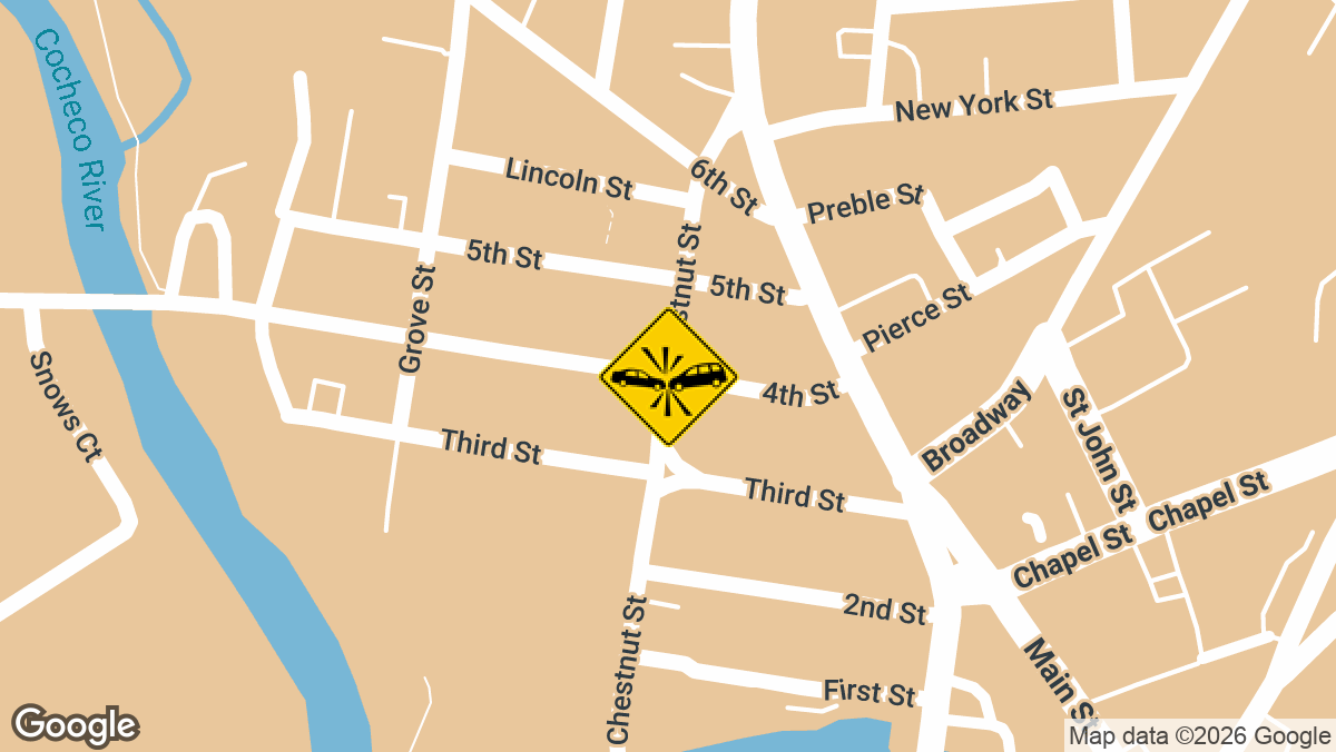 A two-vehicle crash with moderate damage was reported at the intersection of 4th Street and Chestnut Street in Dover, New Hampshire, on Monday, April 27.