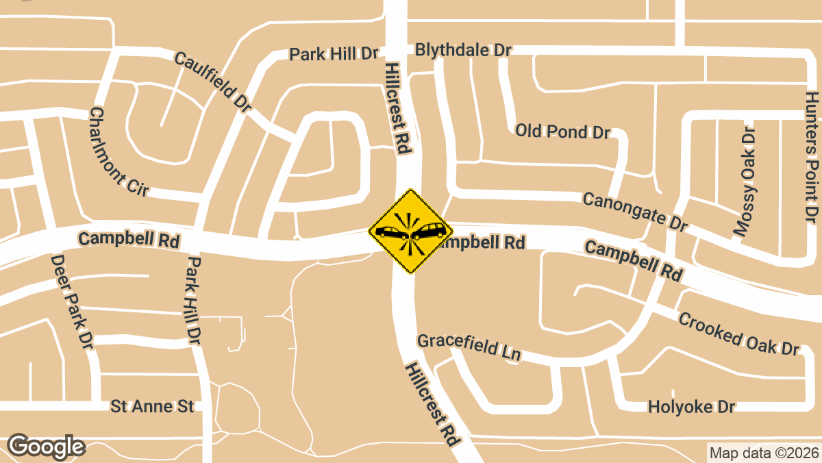 A serious two-vehicle crash near the intersection of Campbell Road and Hillcrest Road in Dallas left at least one driver injured and blocked traffic in the area on Wednesday, April 1, in the early afternoon.