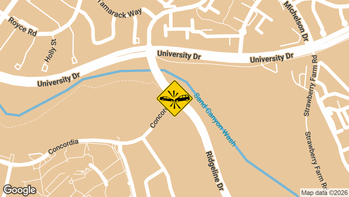 A traffic collision with reported injuries occurred on Wednesday, April 8, near the intersection of Concordia and Ridgeline Dr in Irvine.