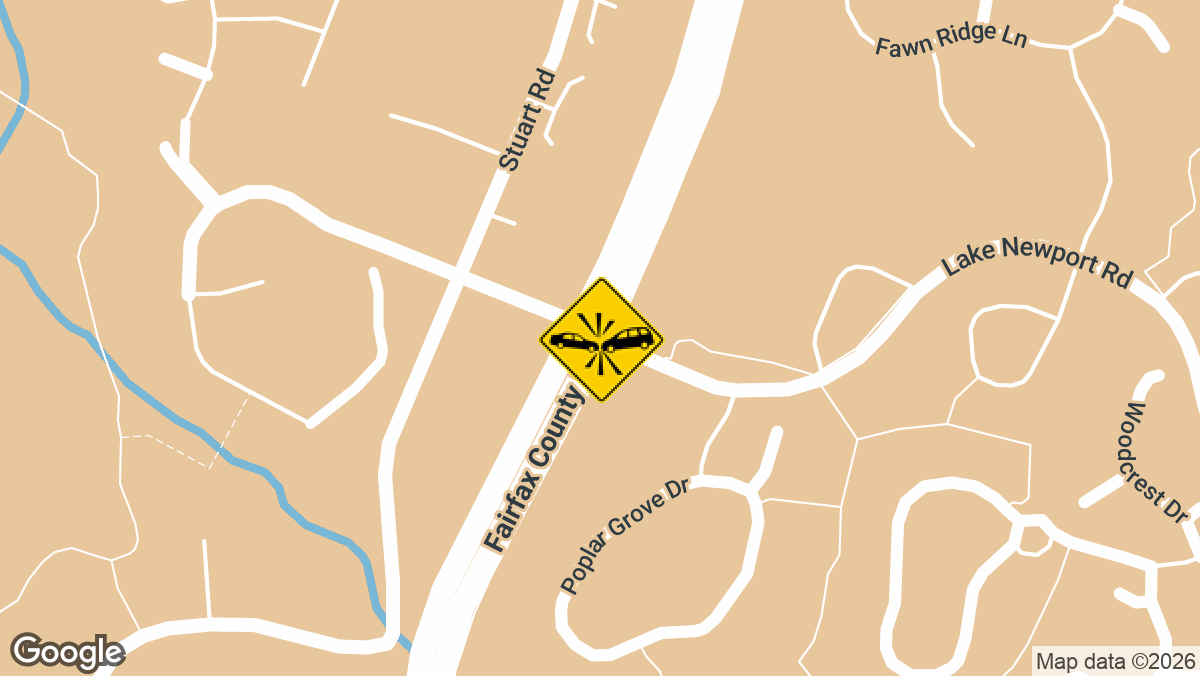 A two-vehicle crash on northbound Fairfax County Parkway at Lake Newport Road in Reston was reported Sunday, April 5, involving a black Honda Pilot and a black sedan.