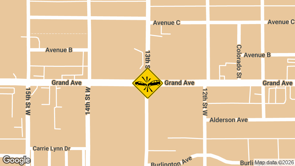 A two-vehicle crash with injuries was reported Monday, April 27, near the intersection of Grand Avenue and 13th Street West in Billings, Montana.