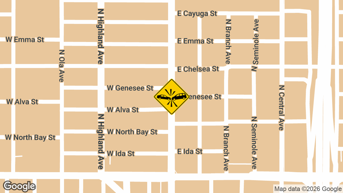 A two-vehicle crash with reported injuries was recorded on Monday, April 13, near North Florida Avenue and East Genesee Street in Tampa.