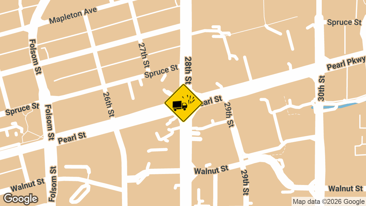 A crash involving a truck was reported near the intersection of Pearl Street and 28th Street in Boulder on Monday, March 30, in the mid-afternoon.