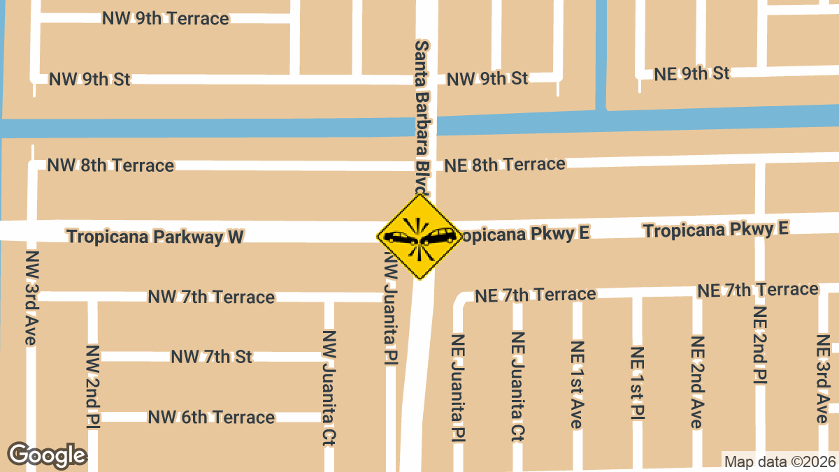 A traffic crash with reported injuries was recorded Saturday, April 6, at the intersection of Santa Barbara Boulevard North and Tropicana Parkway West in Cape Coral.