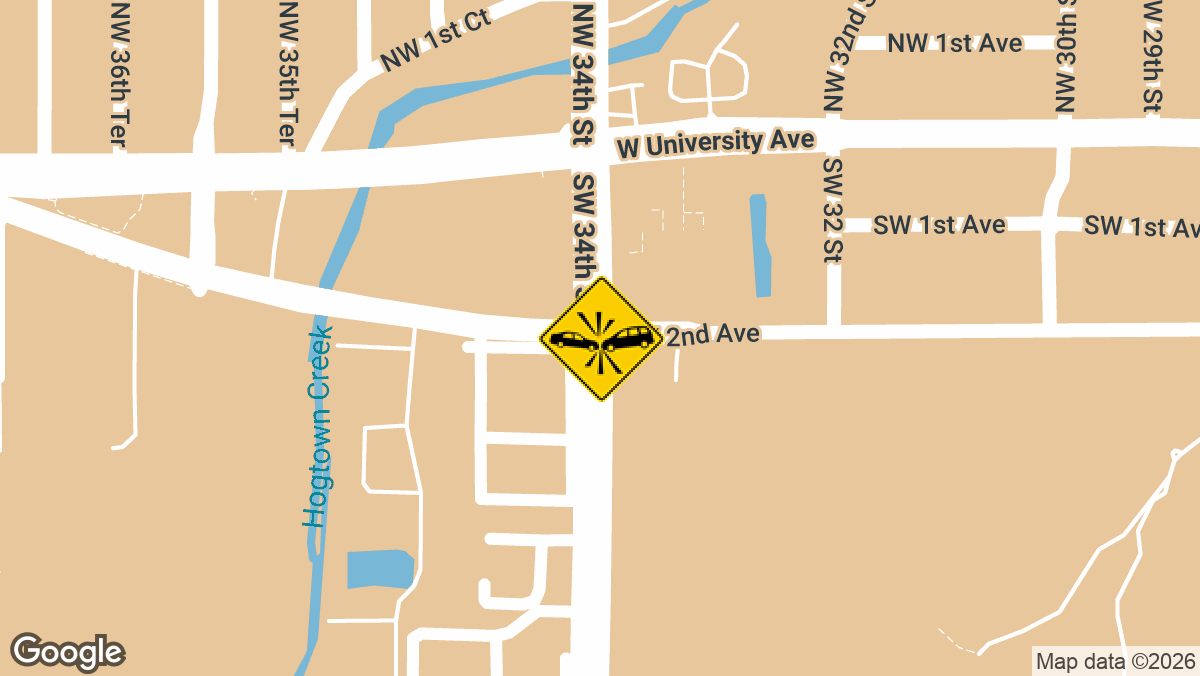 A traffic accident involving two vehicles with reported injuries occurred early Sunday, April 13, at the intersection of Southwest 34th Street and Southwest 2nd Avenue in Gainesville.