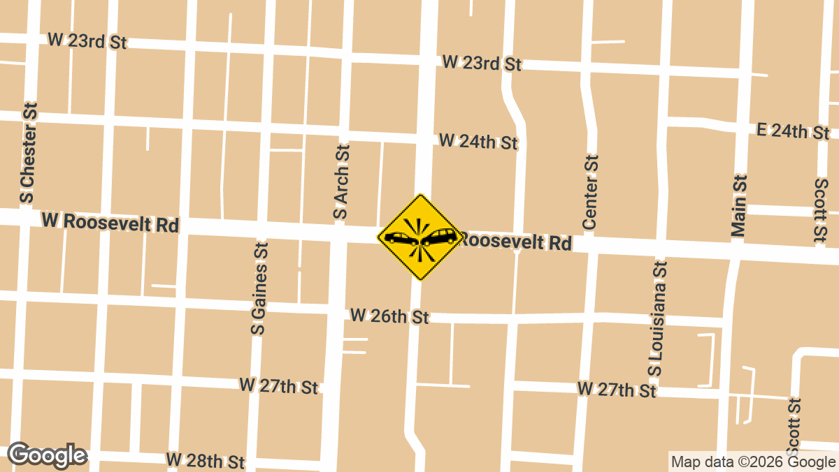 A crash with injuries was reported Friday, April 24, near the intersection of West Roosevelt Road and Broadway Street in Little Rock.