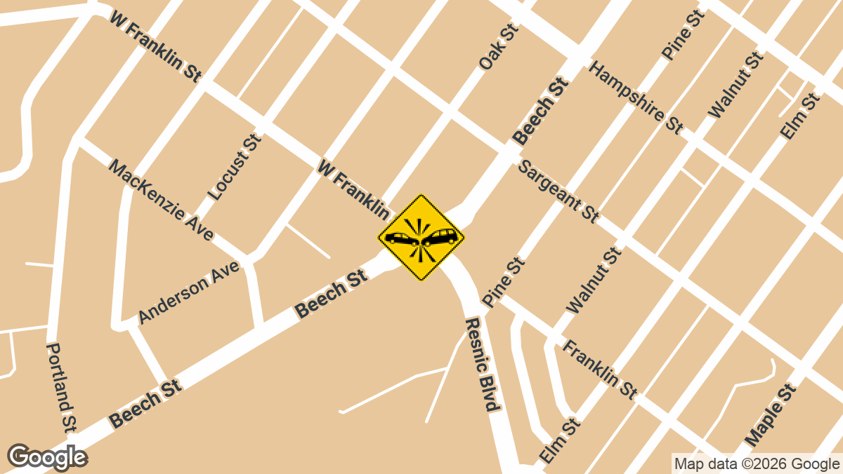 A two-car crash blocked the intersection of Beech and West Franklin Streets on Thursday, May 7, causing visible damage to both vehicles involved.