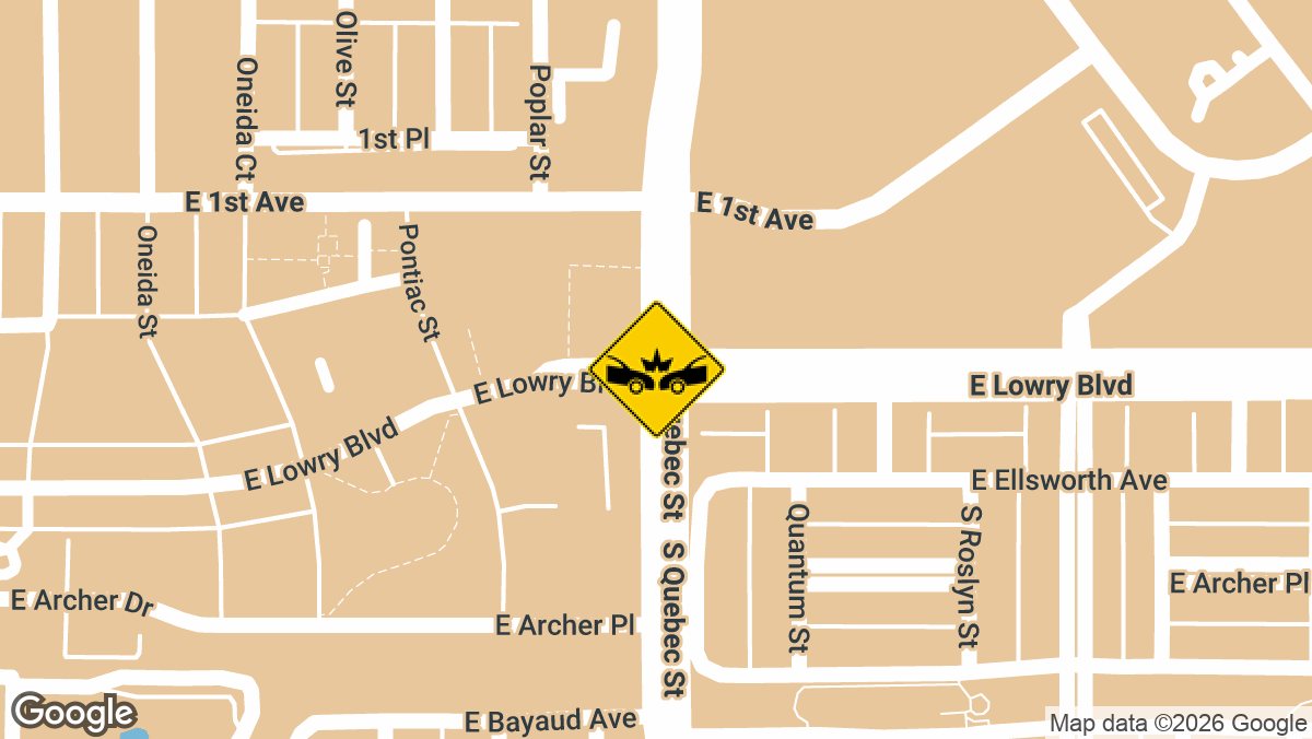 A three-vehicle collision involving injuries was reported at the intersection of East Lowry Boulevard and North Quebec Street in Denver.
