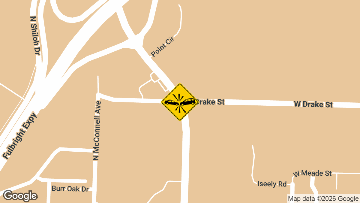 A crash involving an SUV and a pickup truck was reported near the intersection of Garland Avenue and Drake Street in Fayetteville, close to the University of Arkansas agriculture facility.