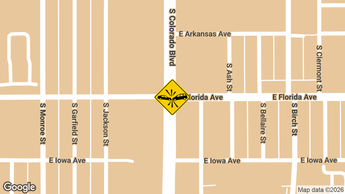 A two-vehicle collision involving injuries was reported at the intersection of South Colorado Boulevard and East Florida Avenue in Denver, which prompted traffic delays in the surrounding area.