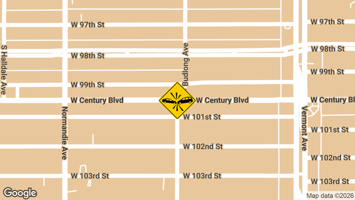 A hit-and-run crash involving two vehicles was reported on West Century Boulevard at South Budlong Avenue in Los Angeles on Monday, May 4, at approximately 6:54 a.m.