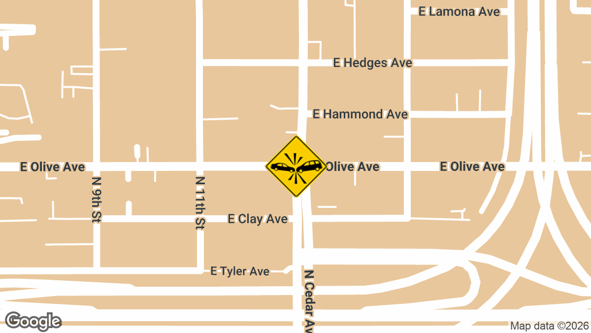 A hit-and-run crash with injuries was reported Sunday evening near the intersection of E Olive Ave and N Cedar Ave in Fresno.