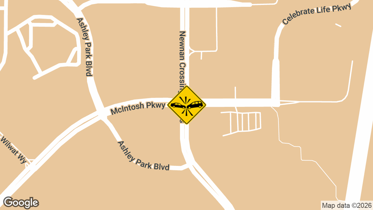 A two-vehicle accident was reported at the intersection of Newnan Crossing Bypass and McIntosh Pkwy in Newnan.