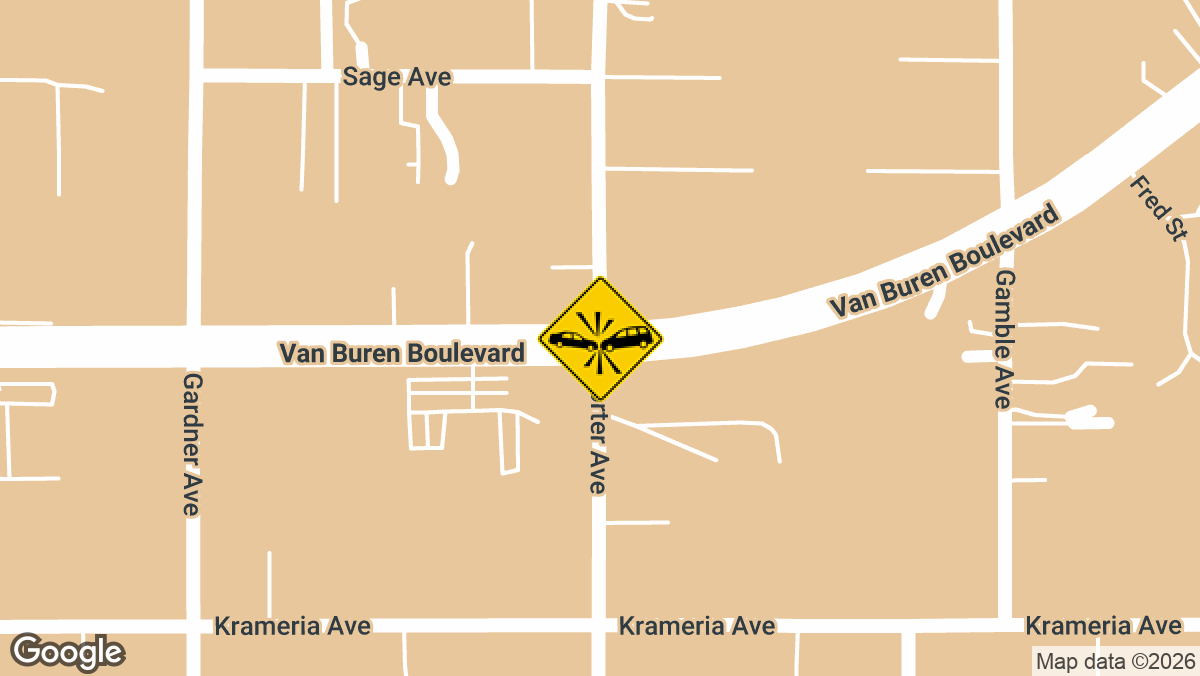 A fatal collision between a blue four-door sedan and a motorcycle occurred at the intersection of Van Buren Blvd and Porter Ave on Monday evening, June 9, killing at least one person. T
