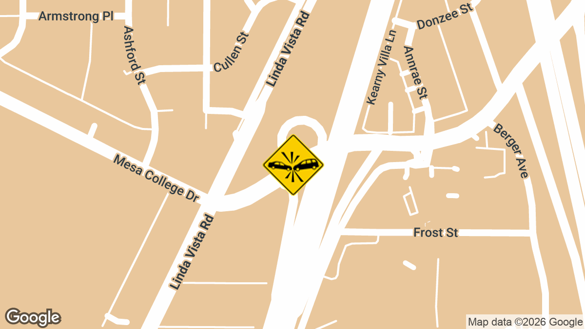 A two-vehicle accident with reported injuries was logged on northbound SR-163 near Mesa College Drive (Kearny Villa) in San Diego, California, on Tuesday, June 30, at approximately 2:02 p.m.