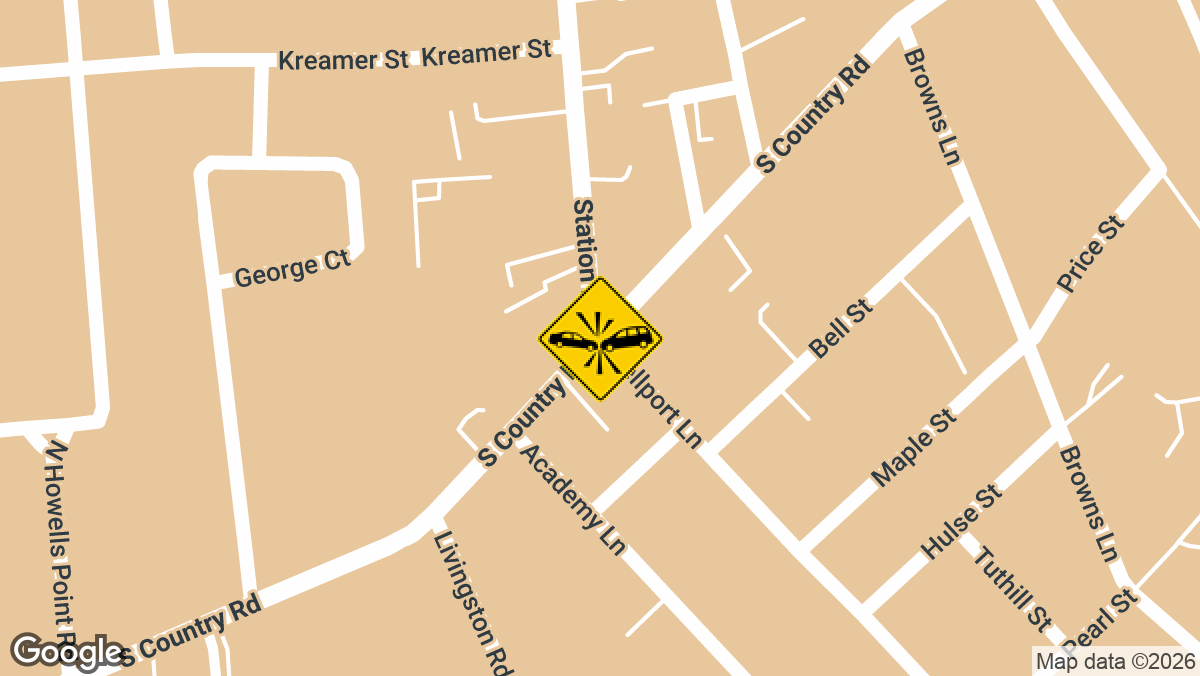 One person was hurt Monday afternoon, August 17, in a two-vehicle collision on South Country Road near Station Road in Bellport. It happened around 3 p.m., police said.