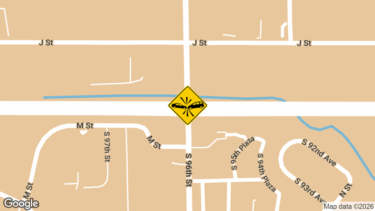 A woman in her 30s was taken to the hospital after a two-car wreck at 96th and L Street in Omaha, Douglas County, according to fire officials. The call came in around 10:04 p.m. Sunday, August 30, 2026.