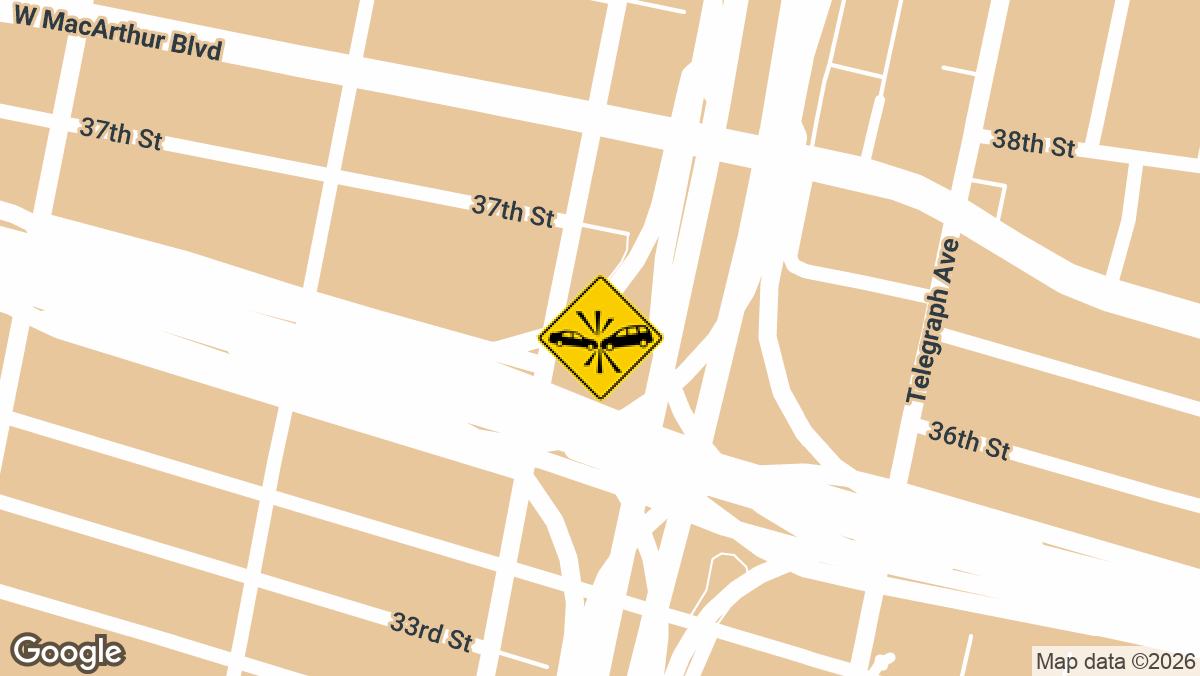 A two-vehicle crash with minor injuries was reported Tuesday, September 1, on the westbound State Route 24 connector to eastbound Interstate 580 in Oakland, Alameda County.