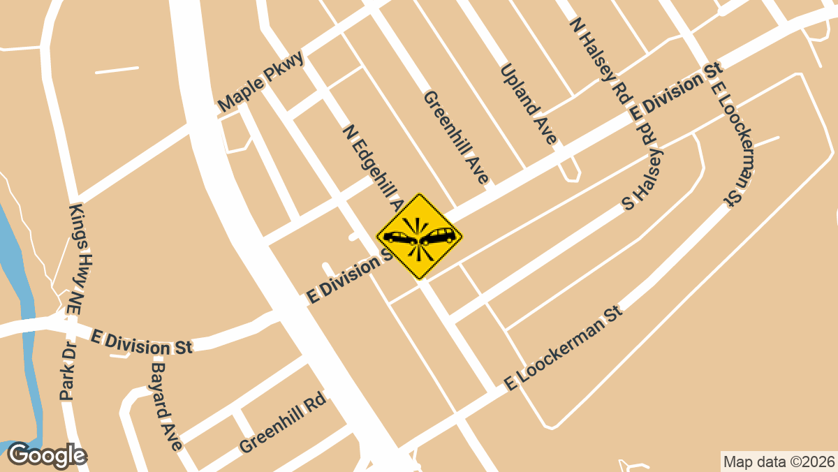 Two people were treated by emergency crews after a wreck late Sunday night, September 6, 2026, at the intersection of North Edgehill Avenue and East Division Street in Dover, Kent County, Delaware, according to dispatch records.