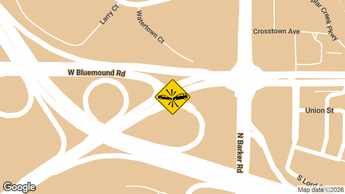 Two people were involved in a reported injury crash Wednesday, September 9, near W. Bluemound Road and Moreland Boulevard in Brookfield.